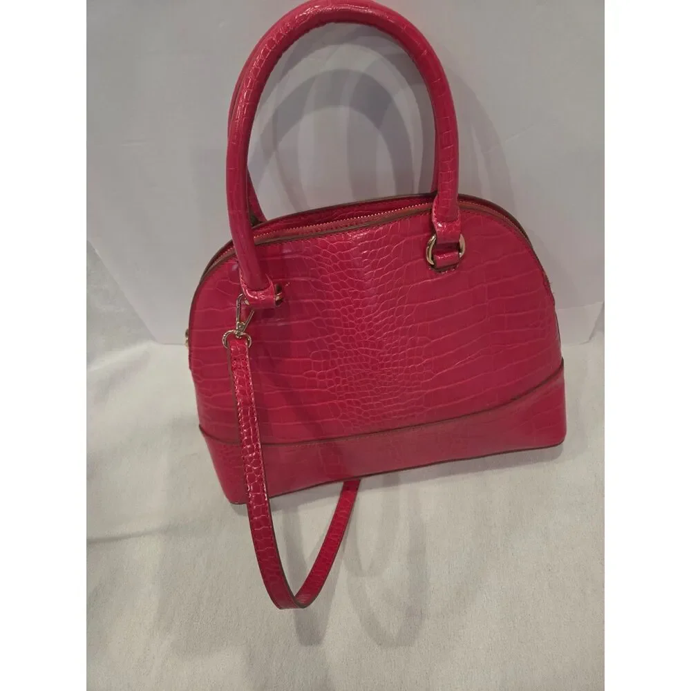 Anne Klein Pink Croc Embossed Dome Satchel Crossbody Purse Bag w Card Holder